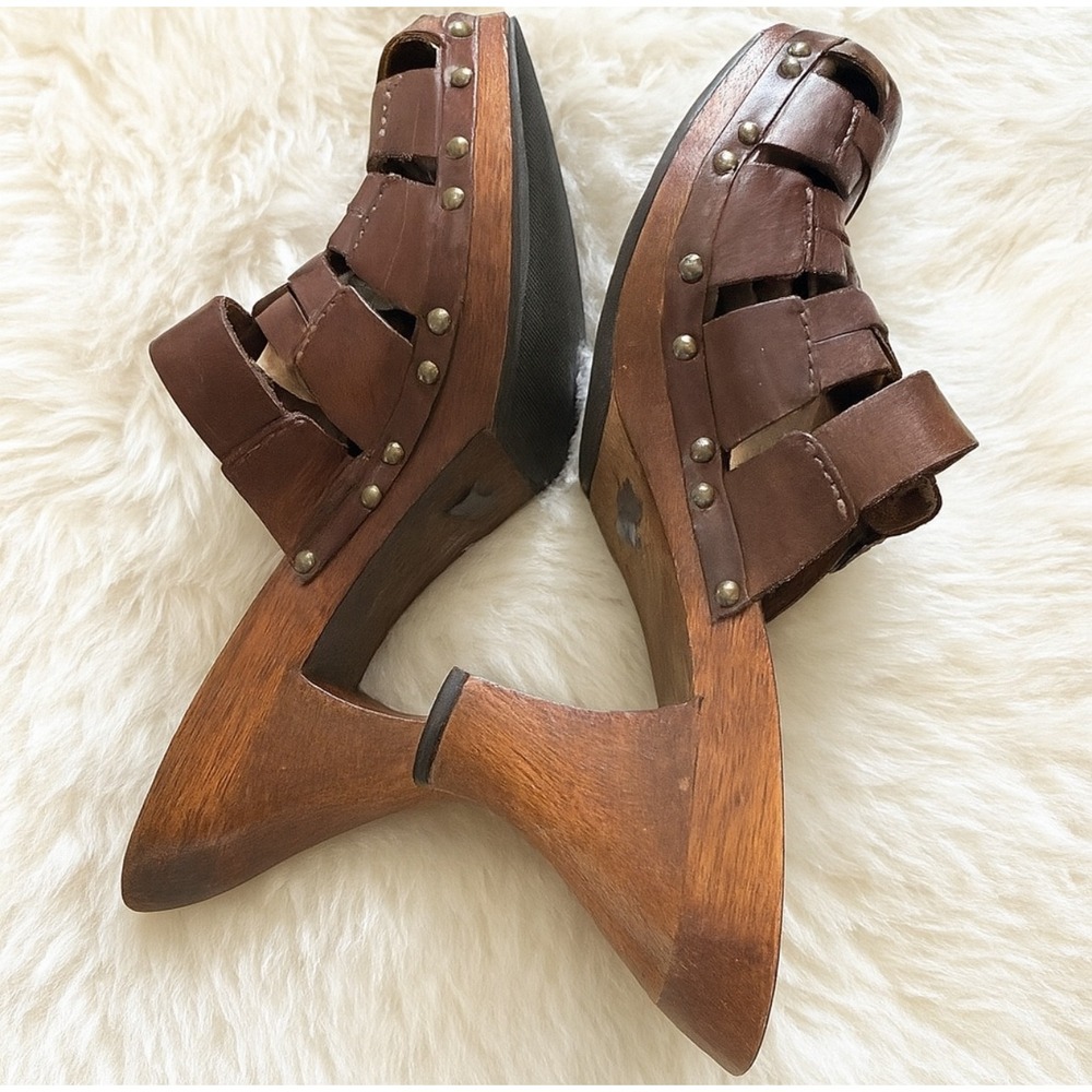Vintage Y2K MIA Chunky Brown‎ Leather Studded Strappy Slip on Heel Mule Clogs sz